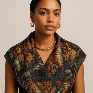 Ellen Tracy 34” Square Scarf Leopard Jungle Print Tropical Boho Wrap Shawl